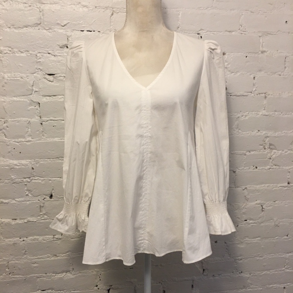 Pomander Place ruffle sleeve v-neck top white cotton stretch size xs tuckernuck